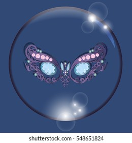 mask in bubble with reflections blue background
