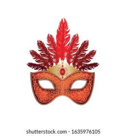 The mask carnival red with feathers. Vector illustration for carnival element poster.