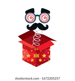 mask with crazy glasses and moustache in box surprise vector illustration design