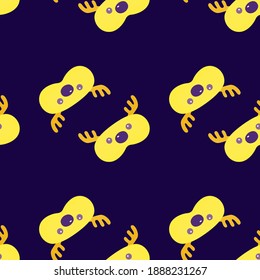 Mask deer yellow color geometric seamless pattern on dark purple background. Children graphic design element for different purposes. Flat vector illustration.