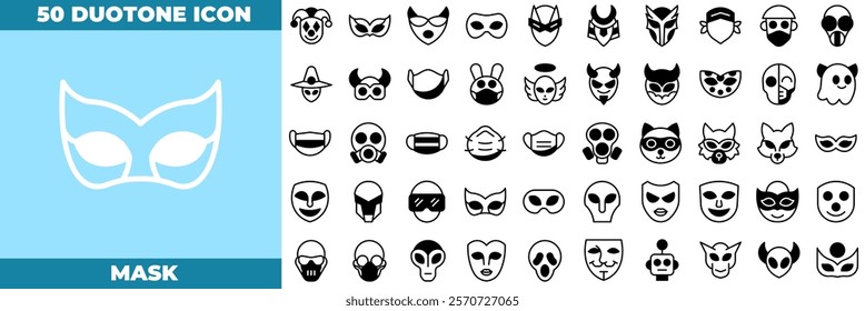 Mask Duotone Editable Icons set. Vector illustration in modern thin duotone style of mask icons: theatre, mask, drama, etc