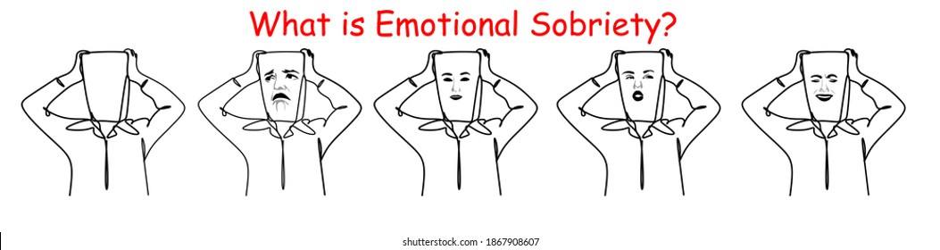 Mask with emotions. Psychology, smile, sadness, chaos, reflection, anxiety.What is emotional sobriety? Experience emotions without avoiding them. Linear drawing of emotions