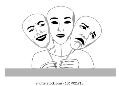 Mask with emotions. Psychology, smile, sadness, chaos, reflection, anxiety.What is emotional sobriety? Experience emotions without avoiding them. Linear drawing of emotions