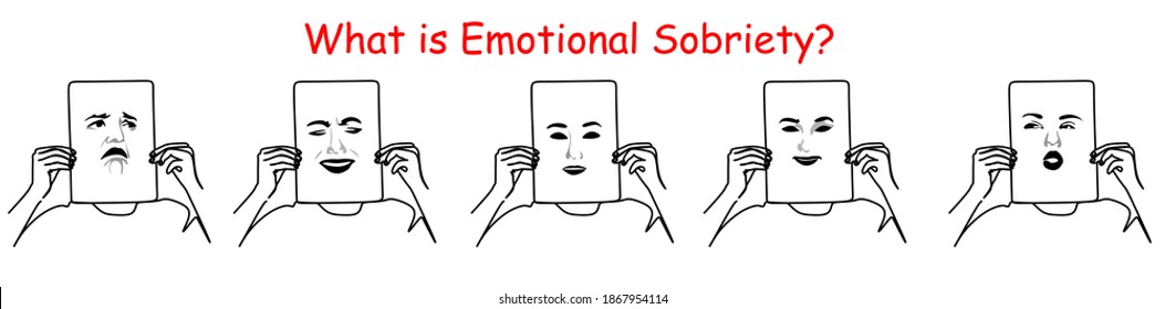 Mask with emotions. Psychology, smile, sadness, chaos, reflection, anxiety.What is emotional sobriety? Experience emotions without avoiding them. Linear drawing of emotions