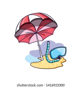 mask of equipment snorkel with umbrella in the beach