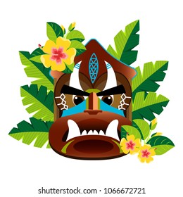 Mask with fangs, stylized Hawaiian wooden sculpture. Decorated with hydrangea flowers and palm leaves. Element for decoration and design of posters, booklets, t-shirts