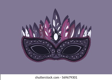 Mask with feathers, embroidery and stones, semi-precious stones. Venice Carnival, Mardi Grass. Vector illustration. 