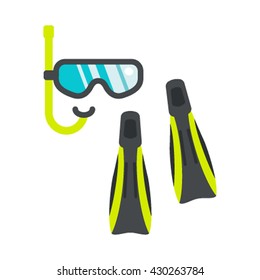 mask and flippers in a flat style isolated on white background for web. Vector illustration