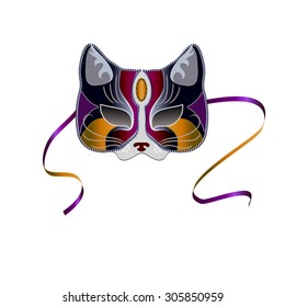 Mask in the form of a cat with a mustache muzzle and ears. The cat mask has a tape for fixing.