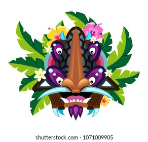 Mask with four eyes, stylized Hawaiian wooden sculpture. Decorated with hydrangea flowers and palm leaves. Element for decoration and design of posters, booklets, t-shirts. Vector.