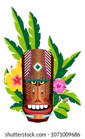 Mask with a geometric pattern, stylized Hawaiian wooden sculpture. Decorated with hydrangea flowers and palm leaves. Element for decoration and design of posters, booklets, t-shirts