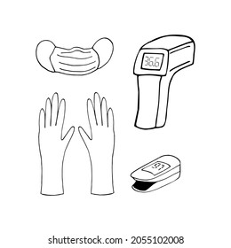 mask, gloves, infrared thermometer, pulse oximeter set hand drawn doodle. vector, scandinavian, nordic, minimalism, monochrome. icon medicine doctor treatment covid-19