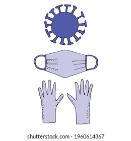 mask and gloves. Vector illustration. Isolated. Coloring pages for adults and children. Cartoon. Hand-drawn doodle style. Can be used in your projects in banners and posters.