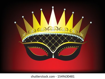 Mask with a golden crown with pearls on a red background