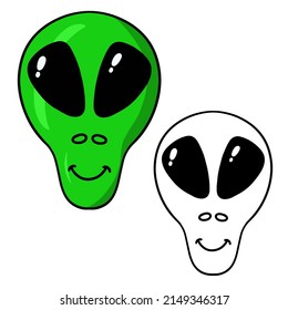 Mask of a green alien creature, Martian, cartoon vector illustration, color and line sketch