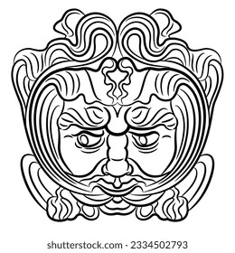 Mask of Green Man from Augsburg, Germany. Medieval Celtic motif. Foliate head of pagan god of nature and vegetation. Black and white linear silhouette.