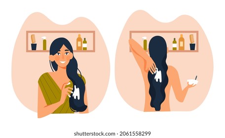 Máscara al pelo. Jovencita se apunta, cosmética. Procedimiento de spa en casa. Estilo de vida saludable, cuidado, blogger de belleza, revisión. Dibujo vectorial plano de dibujos animados aislado en fondo blanco