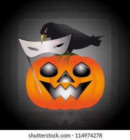 Mask of halloween : An illustration of a raven perched on a pumpkin, it has its beak a mask for halloween.