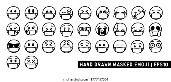 Mask Hand Drawn Emoji. Black and White Design. Line drawing emoticon. Emoji wearing mask