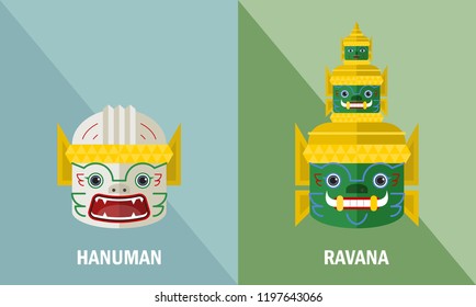 Mask of Hanuman and Ravana from Thai Ramayana - Vector Illustration