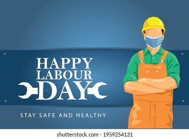 mask with happy labor day lettering. Labor Day On 1 May. coronavirus, covid-19 concept. vector illustration design.