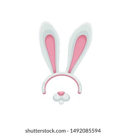 Mask of a hare or rabbit on the head with ears, teeth, nose and muzzle or face. Rabbit or bunny mask, spring easter concept with animal. Isolated cartoon vector illustration.