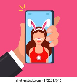 mask of a hare who has changed appearance in social networks. Flat character vector illustration.