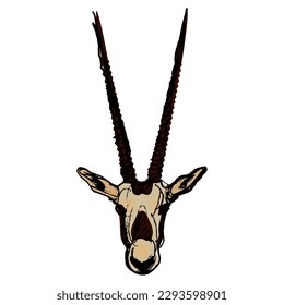 Mask head of Oryx antelope with big long horns. Scimitar oryx. Oryx dammah. African animal. Hand drawn colorful rough sketch.  Isolated vector illustration.