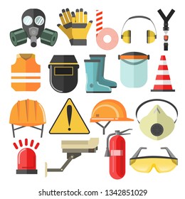 Mask and helmet goggles and respirator protective gear and equipment vector hardhat and construction vest headphones and caution stripe rubber boots and surveillance camera siren and fire extinguisher