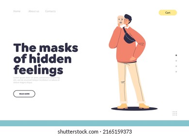 Mask of hidden feelings concept of landing page with sad male character hide real emotion under mask. Man put on cheerful mask due to social community pressure. Cartoon vector illustration