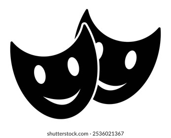 Maskensymbol. Fröhliche Gesichtsmaske, menschliche Masken im Theater, Vektorlogo-Design. Symbolsatz für Drama- und Comedy-Maske. Schwarzes Maskensymbol einzeln auf weißem Hintergrund. Vektorgrafik.