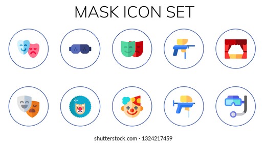 mask icon set. 10 flat mask icons.  Simple modern icons about  - theater, masks, ar glasses, clown, paintball gun, snorkel