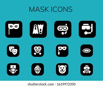 mask icon set. 12 filled mask icons. Included Mask, Masks, Surgeon, Dive, Gas Spa, Snorkel, Eye Clown, Diving icons
