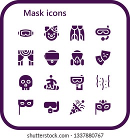 mask icon set. 16 filled mask icons.  Collection Of - Diving mask, Clown, Flippers, Snorkel, Theater, Vr glasses, Gas Yorick, Snowboard, Confetti, Dive, Eye