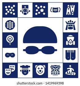 mask icon set. 17 filled mask icons.  Collection Of - Confetti, Hockey, Electrode, Goggles, Mask, Samurai, Gas Flippers, Theatre, Surgeon, Joker, Clown, Tiki, Snowboard