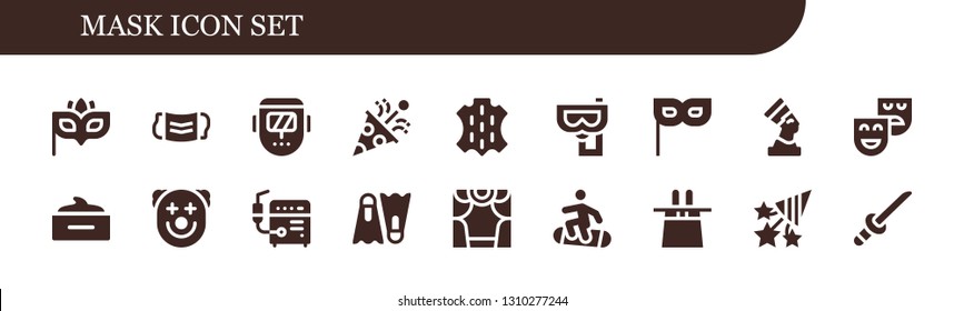 mask icon set. 18 filled mask icons.  Simple modern icons about  - Eye mask, Welder, Confetti, Skin, Snorkel, Pharaoh, Theatre, Hair Clown, Dive, Theater, Snowboard