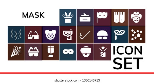 mask icon set. 19 filled mask icons.  Simple modern icons about  - Magic hat, Confetti, Safety, Oxygen mask, Vr glasses, Virtual glasses, Clown, Snorkel, Goggles, Eye