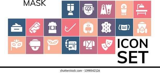 mask icon set. 19 filled mask icons.  Simple modern icons about  - Oxygen mask, Hair Eye Vr glasses, Welder, Ninja, Theater, Safety glasses, Well, Snorkel, Boxing helmet