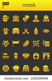 mask icon set. 26 filled mask icons.  Simple modern icons about  - Ninja, Mask, Samurai, Theater, Burglar, Gas Magic hat, Boxing helmet, Hockey, Body oil, Diving Hannya