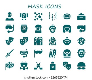  mask icon set. 30 filled mask icons. Simple modern icons about  - Burglar, Ninja, Confetti, Diving mask, Hair mask, Snorkel, Welder, Well, Spa, Boxing helmet, Dive, Theater, Aqualung