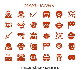  mask icon set. 30 filled mask icons. Simple modern icons about  - Ninja, Gas mask, Snorkel, Boxing helmet, Yorick, Confetti,  Clown, Aqualung, Eye mask, Katana, Diving 