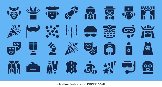 mask icon set. 32 filled mask icons. on blue background style Simple modern icons about  - Hannya, Confetti, Theatre, Flippers, Magic hat, Moustache, Oxygen mask, Hair Joker