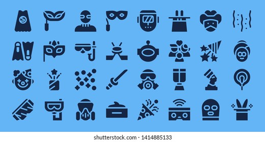 mask icon set. 32 filled mask icons. on blue background style Simple modern icons about  - Superhero, Dive, Clown, Safety glasses, Eye mask, Confetti, Snorkel, Burglar, Diving
