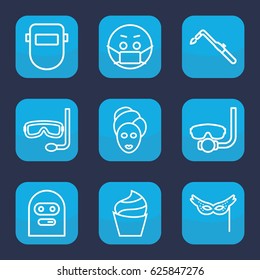 Mask icon. set of 9 outline mask icons such as cream, blowtorch, aqualung