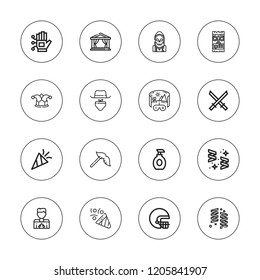 Mask icon set. collection of 16 outline mask icons with confetti, gangster, joker, helmet, katana, hockey, lotion, mask, moustache, reaper, theatre, vr icons.