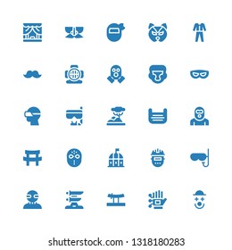mask icon set. Collection of 25 filled mask icons included Clown, Wired gloves, Katana, Criminal, Mask, Welder, Theatre, Hockey Terrorist, Savannah, Goggles, Vr glasses