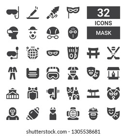 mask icon set. Collection of 32 filled mask icons included Theatre mask, Welder, Aqualung, Criminal, Dentist Burglar, Katana, Flipper, Diving Troglodyte, Theater