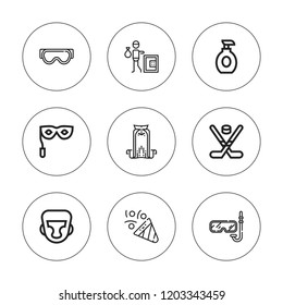 Mask icon set. collection of 9 outline mask icons with cape, boxing helmet, confetti, eye mask, goggles, hockey, lotion, snorkel icons. editable icons.