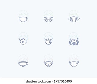 Mask Icon Set: Included Line Icons As Fashion, Filter, Dust Protection Mask, Medical Or Surgical, Dental Mask, Cotton Mask For Virus Safety. Editable Stroke Vector Illustration