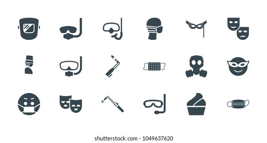 Mask icons. set of 18 editable filled mask icons: blowtorch, snorkel, aqualung